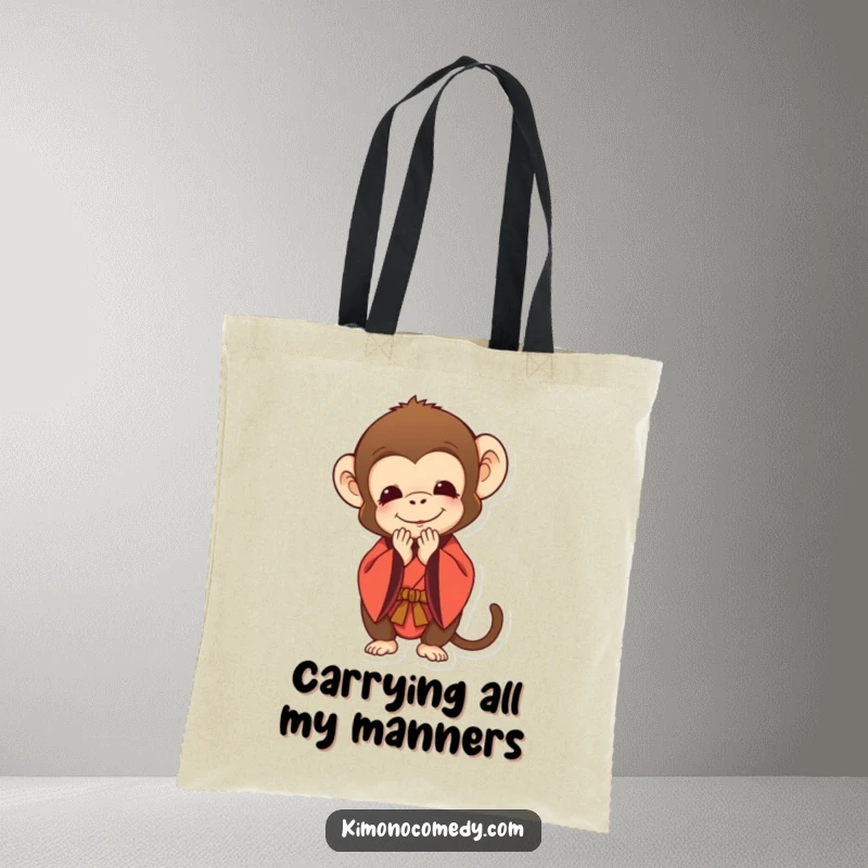 Funny tote bag showcasing a monkey in a traditional kimono bowing deeply with a polite smile, perfect for carrying items.
