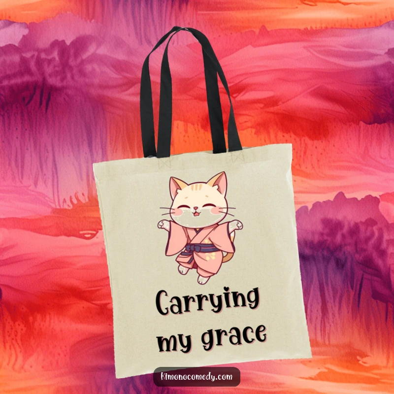 Funny cat leap tote bag with a cute kawaii cat in elegant kimono attire, performing a graceful leap, perfect for stylish carrying.
