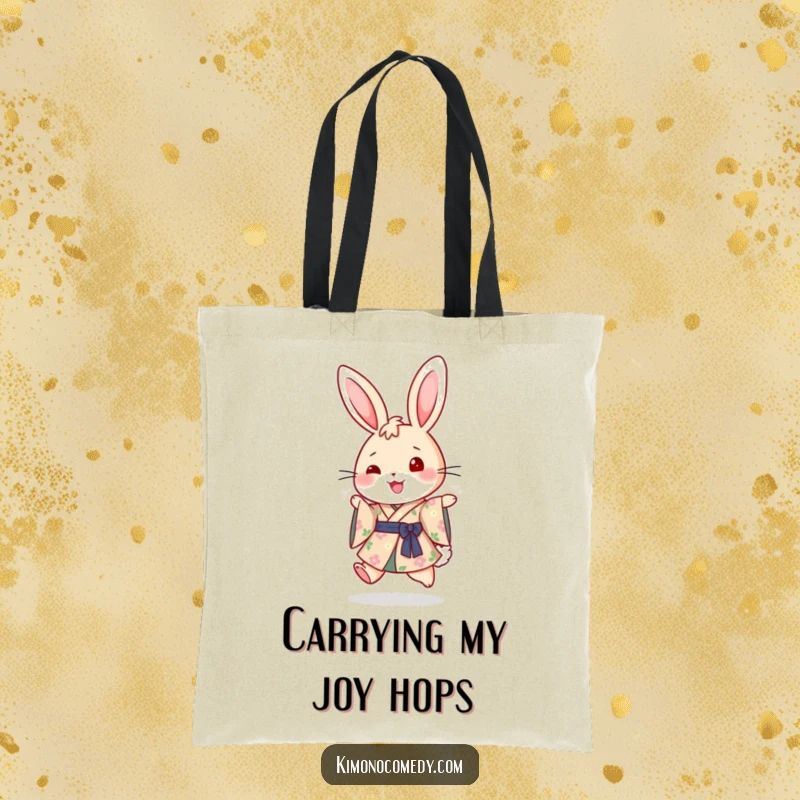 Funny canvas tote bag with a joyful rabbit in a floral kimono, doing a happy hop, perfect for carrying daily necessities with style.