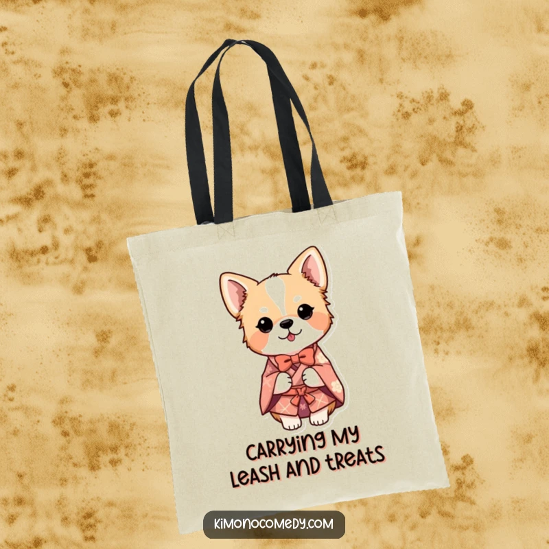 Funny dog in a detailed kimono, performing a bow, showcased on a durable tote bag for humorous and practical use.