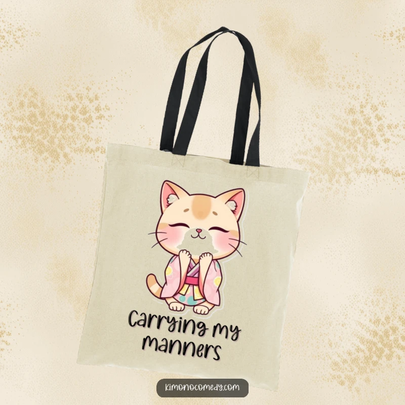 Funny cat kimono tote bag with a kawaii cat in a traditional kimono, bowing deeply with a smile, offering a touch of class.