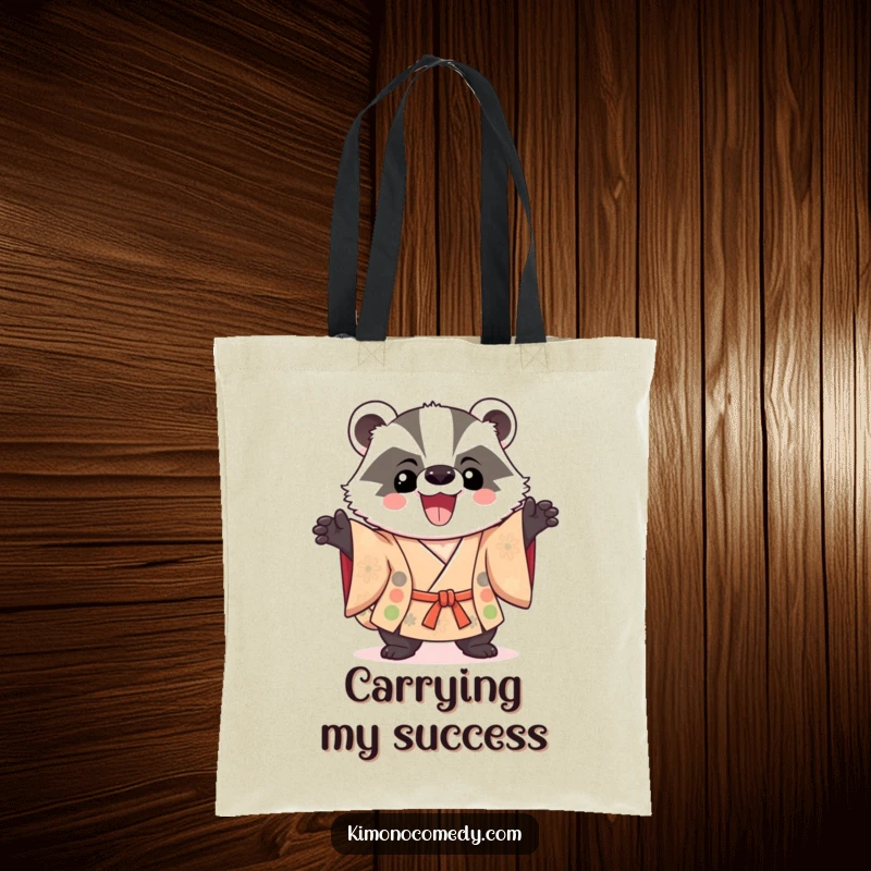 Funny Kawaii Badger Tote Bag: A triumphant badger in a kimono holds its pose, ready for any adventure with a cheerful, humorous look.