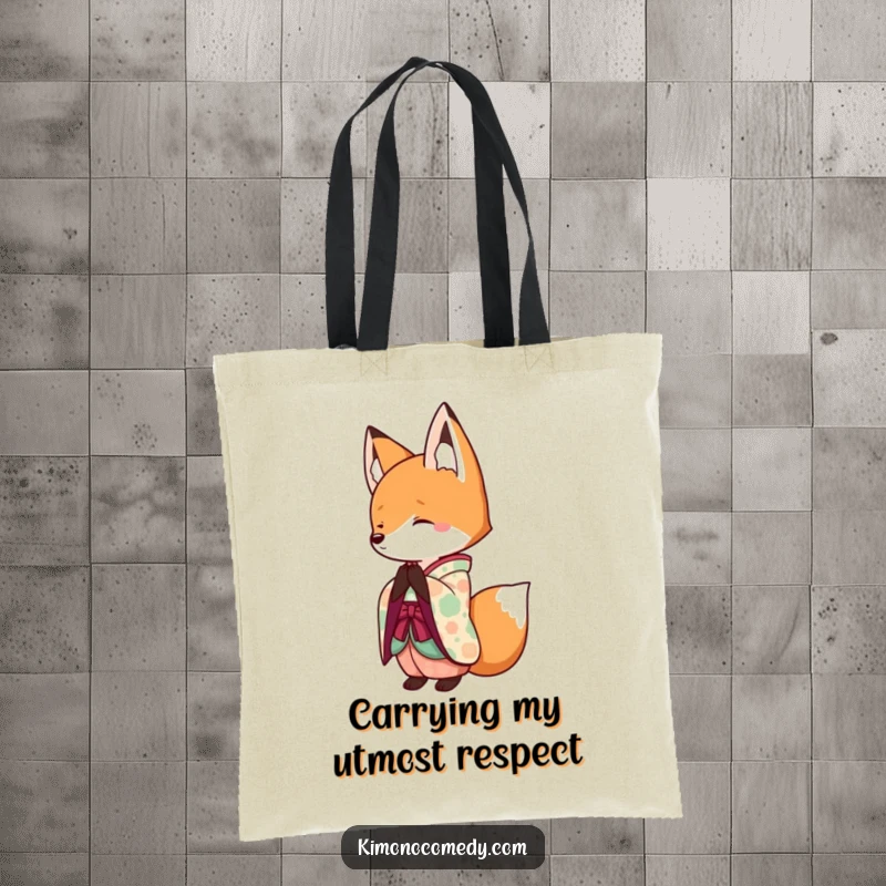 Funny Kawaii Fox Tote Bag: A durable bag featuring a bowing fox in a colorful kimono, perfect for shopping and humor.