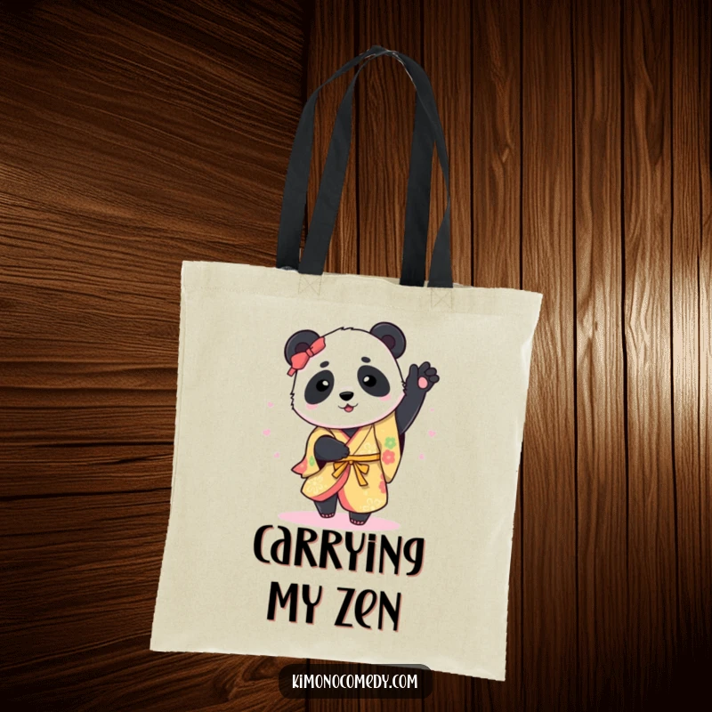 Funny Tote Bag: A delightful panda dressed in a colorful kimono is captured in a joyful spinning motion, perfect for carrying daily items.