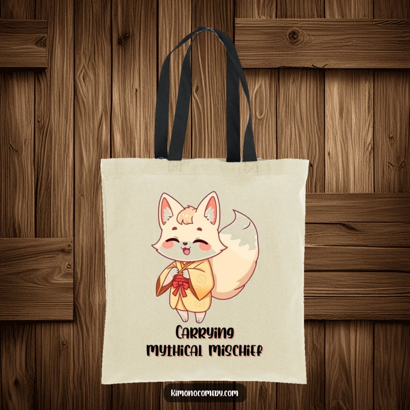Funny Kawaii Kitsune Tote Bag: A cute fox with multiple tails in a kimono shares a hearty giggle, its tails wagging playfully.