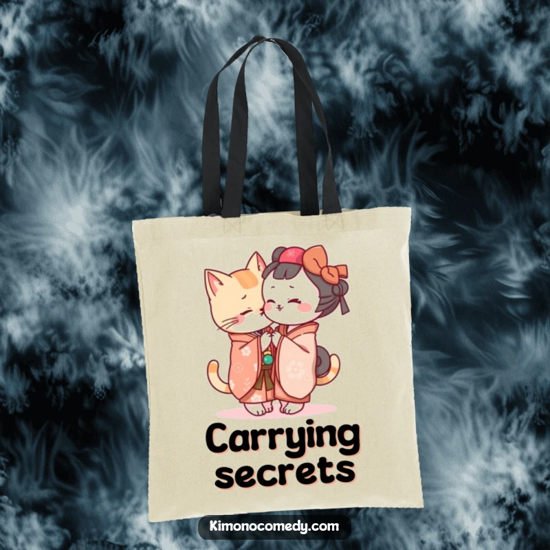 Funny Kawaii cat in a kimono whispering a secret, durable and humorous tote bag for shoppers and cat lovers.