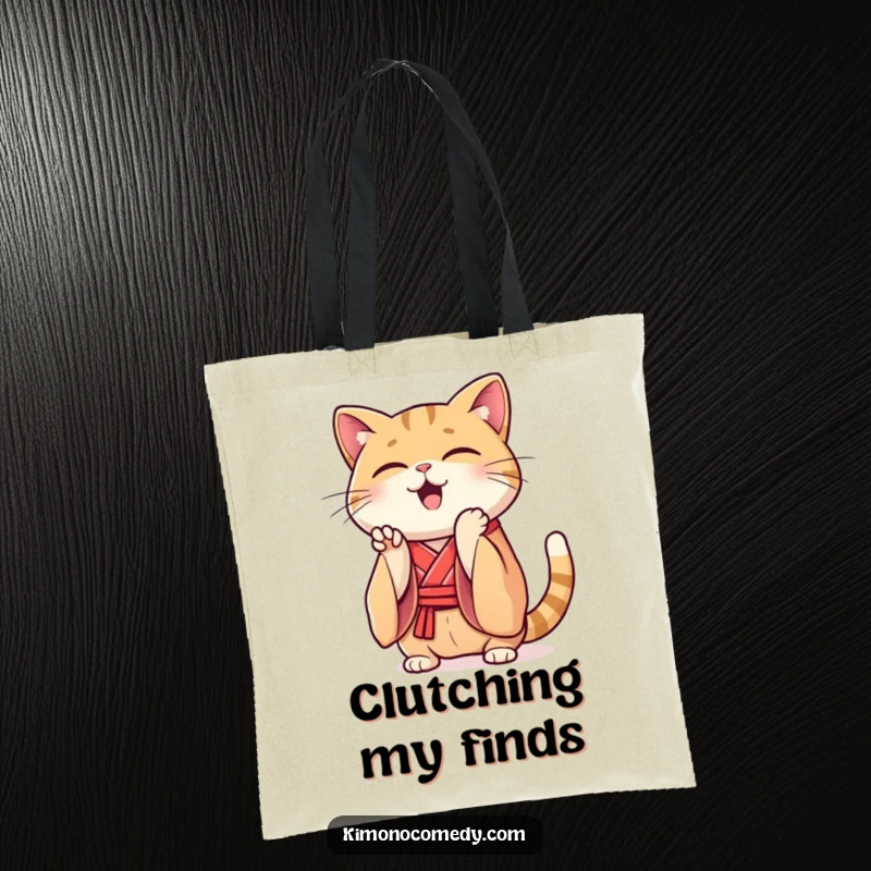 Funny Kawaii cat tote bag, shows a cat in a silk kimono clapping its paws enthusiastically, durable and humorous accessory.