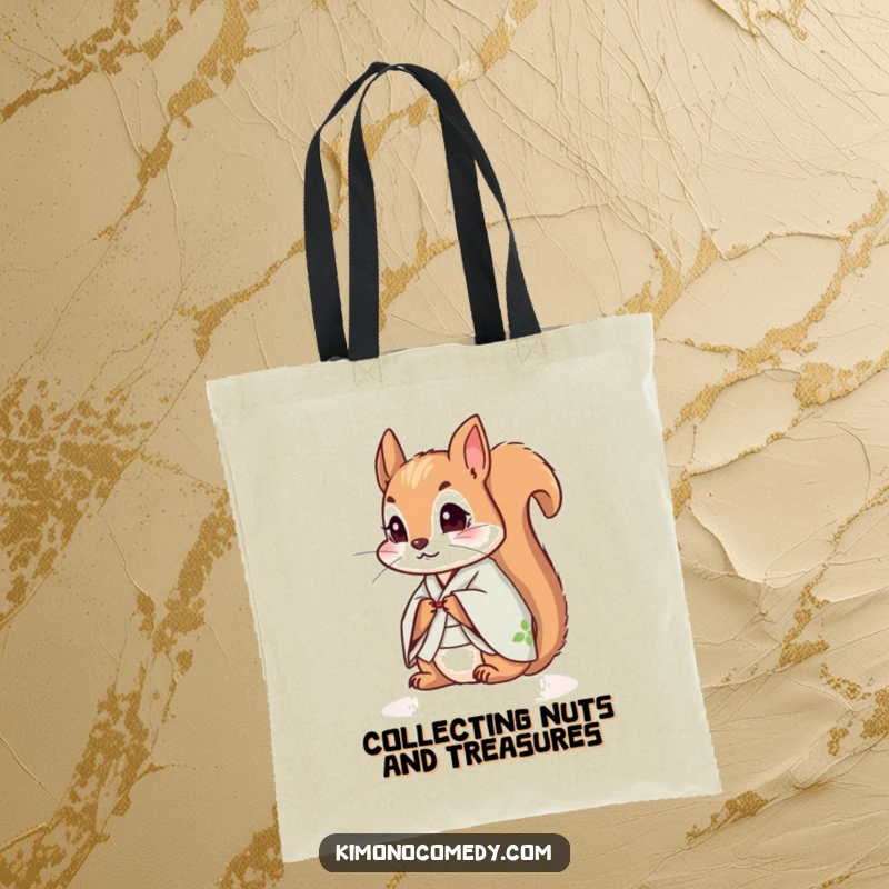 Funny squirrel wearing a kimono, looking curious, showcased on a durable tote bag for humorous and practical use.