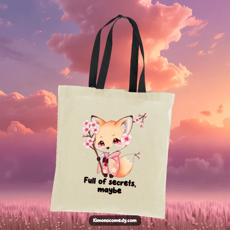 Funny Kawaii Fox Tote Bag: Shy character in a beautiful kimono, peeking from behind a cherry blossom, perfect for carrying essentials stylishly.