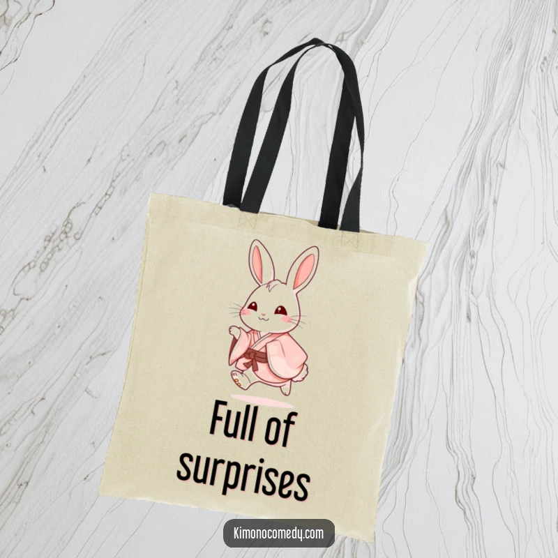 Funny Tote Bag: A happy rabbit in a fancy kimono hops with glee, perfect for carrying essentials with cute charm and humor.