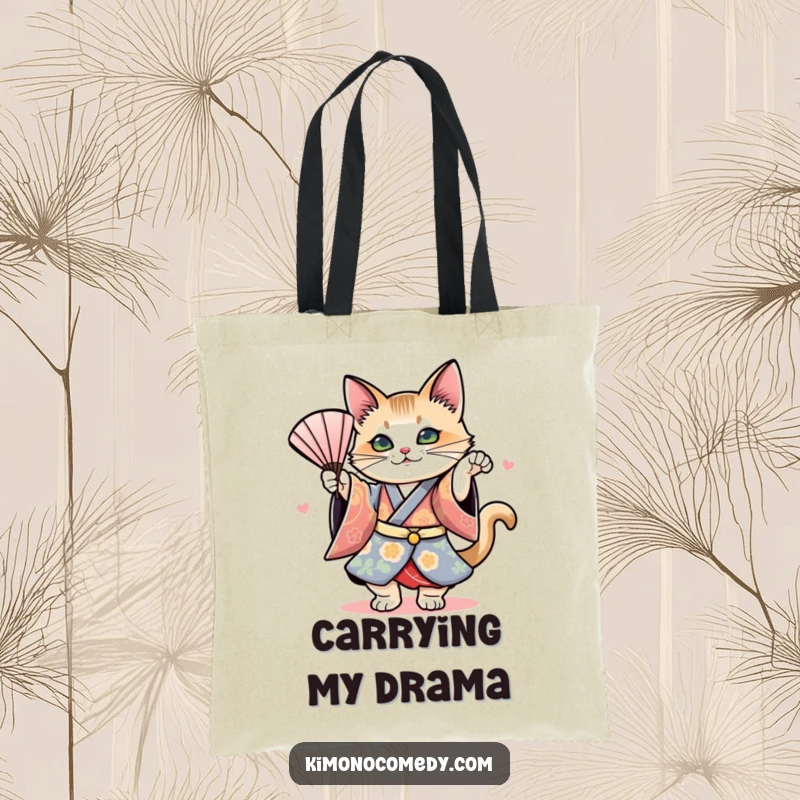 Funny tote bag illustrating a cat in a colorful kimono executing a dramatic fan dance, perfect for carrying items with style.