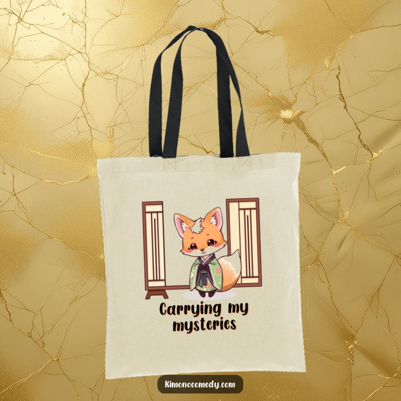 Funny tote bag showcasing a fox in an elegant kimono playfully peeking from behind a paper screen, perfect for carrying items discreetly.
