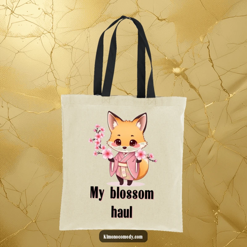 Funny Fox Kimono Tote Bag with a fox in a silk kimono offering a cherry blossom, perfect for stylish errands.