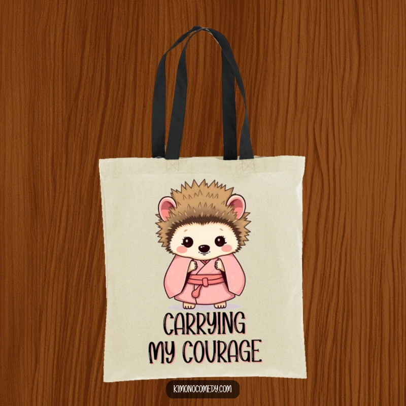 Funny Hedgehog Kimono Tote Bag: A shy hedgehog adorned in a kimono, peeking from behind its quills, a cute and funny carry-all.