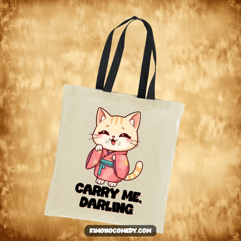 Funny Kawaii cat tote bag, features a cat in a vibrant kimono doing a funny pose, durable and humorous accessory.
