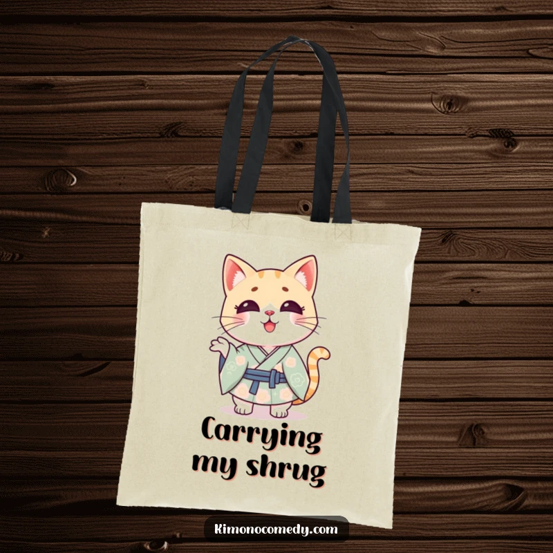Funny Kawaii cat wearing a kimono, shrugging nonchalantly, a practical and funny tote bag for daily use.