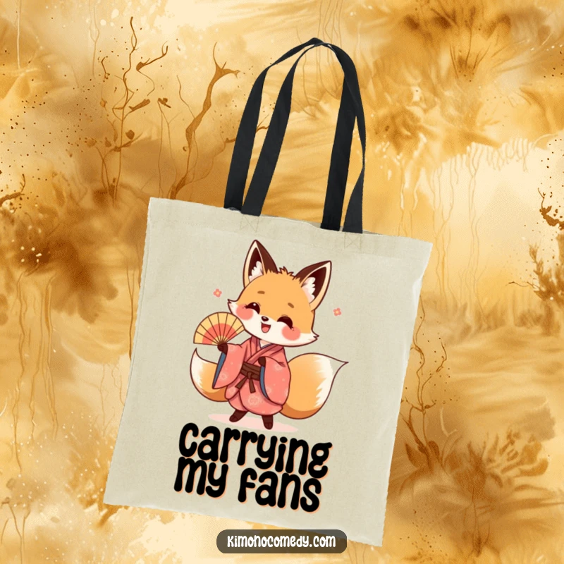 Funny kawaii fox tote bag, with a fox in a kimono performing an energetic fan dance, a stylish and artistic accessory.