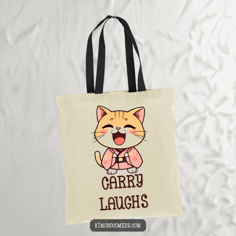 Funny Kawaii cat in a formal kimono laughing hysterically, durable and humorous tote bag for shopping and daily errands.