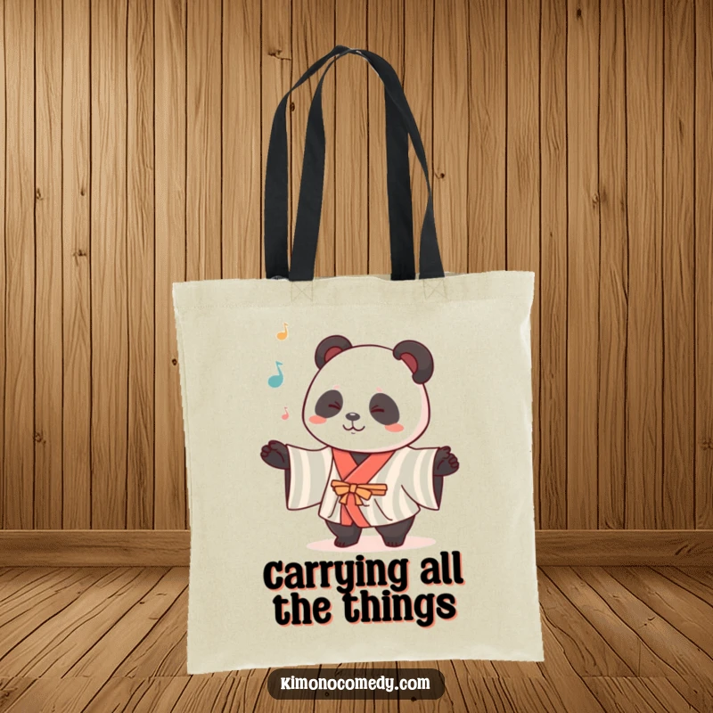 Funny Kawaii Panda Tote Bag: A cute panda in a striped kimono juggles skillfully, ready to carry your belongings with adorable flair.