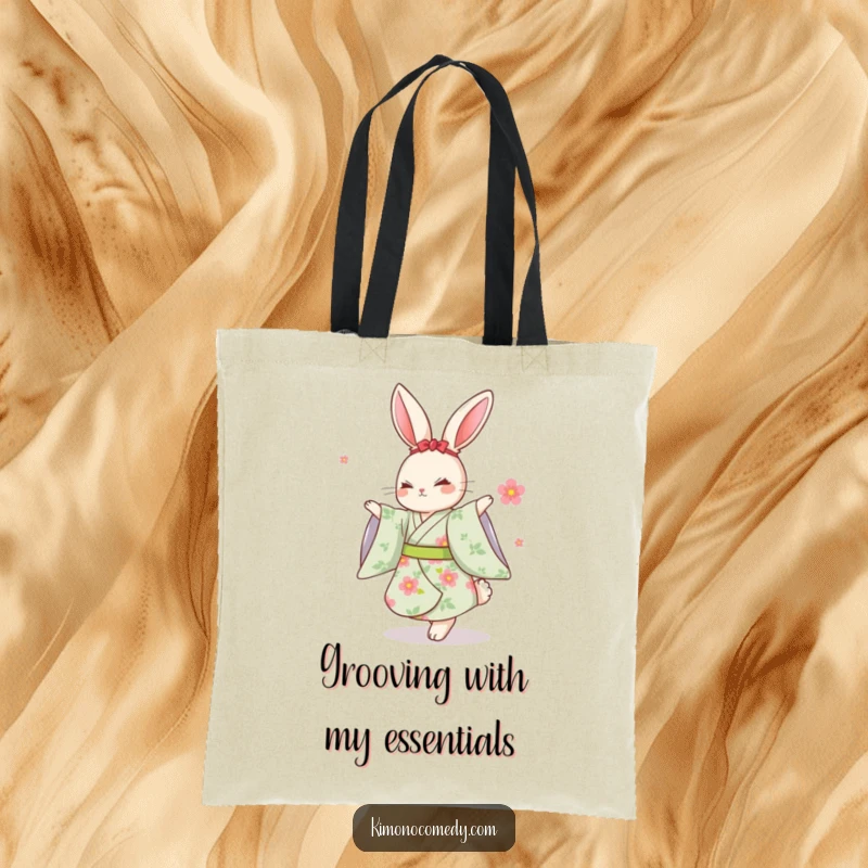 Funny Kawaii Rabbit Tote Bag: A chic bag featuring a rabbit in a floral kimono dancing, perfect for shopping and smiles.