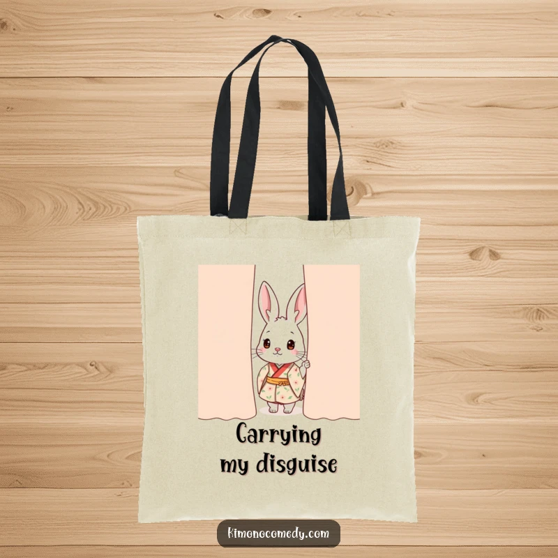 Funny kawaii rabbit tote bag, with a rabbit in a floral kimono peeking shyly from behind a curtain, a charming accessory.