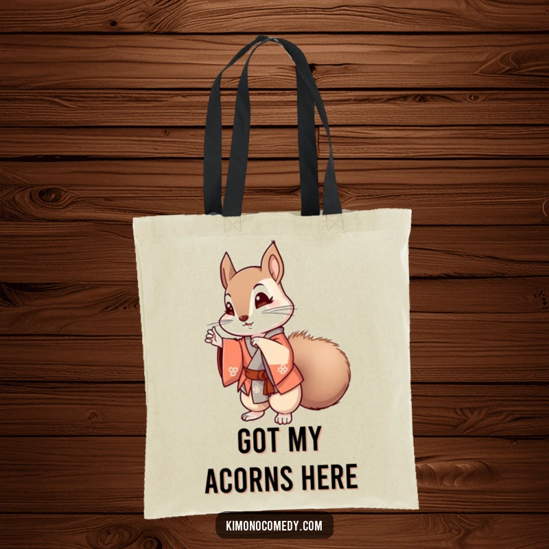 Funny kawaii squirrel striking a pose in a stylish kimono on a tote bag, a fashionable and humorous anime accessory.