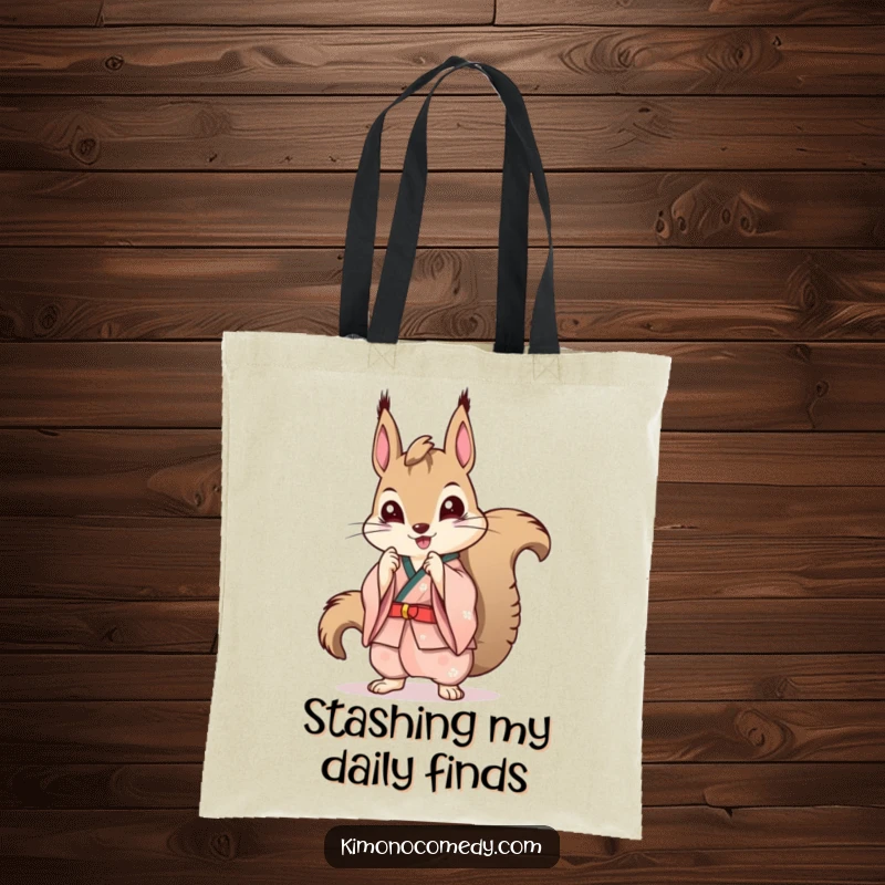 Funny Kawaii Squirrel Tote Bag: A stylish tote bag featuring a squirrel in a kimono striking a pose, perfect for shopping.