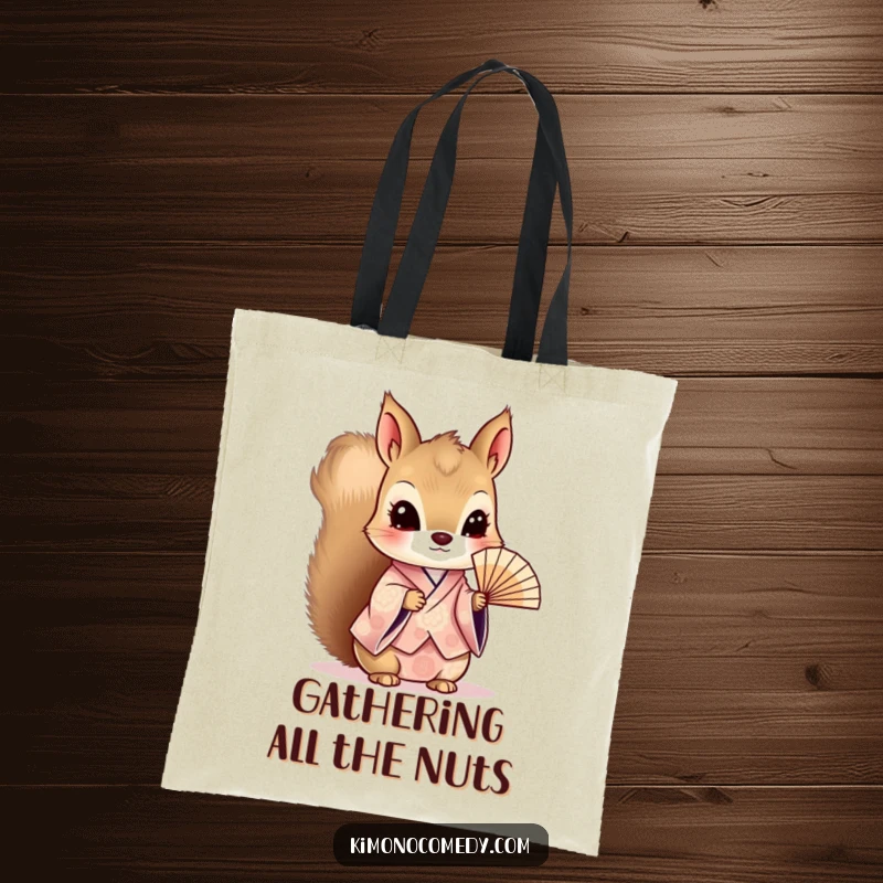 Funny Kawaii Squirrel Tote Bag: Curious character in a patterned kimono, holding a delicate fan, perfect for stylish and practical use.