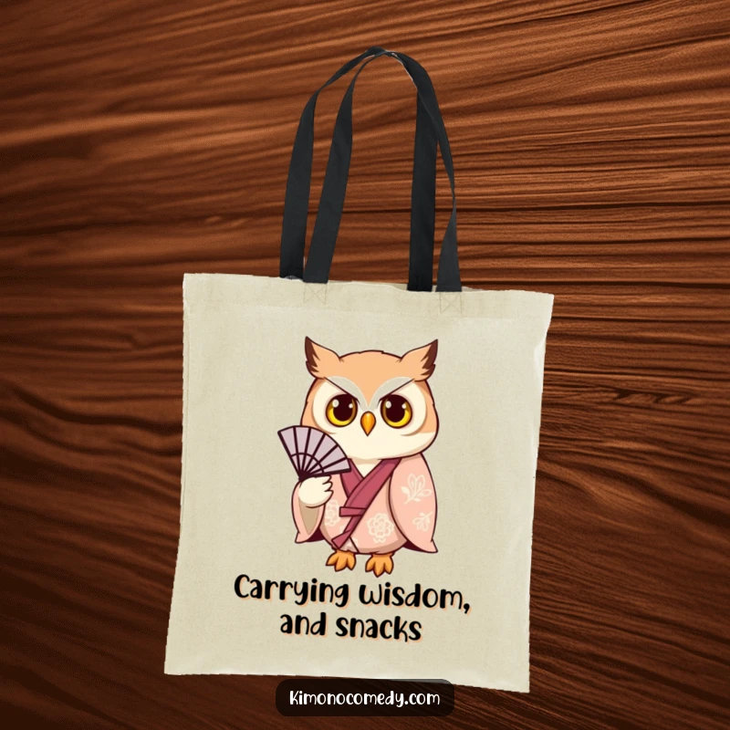 Funny and stylish owl in a kimono holding a fan, featured on a durable tote bag for a humorous, chic look.