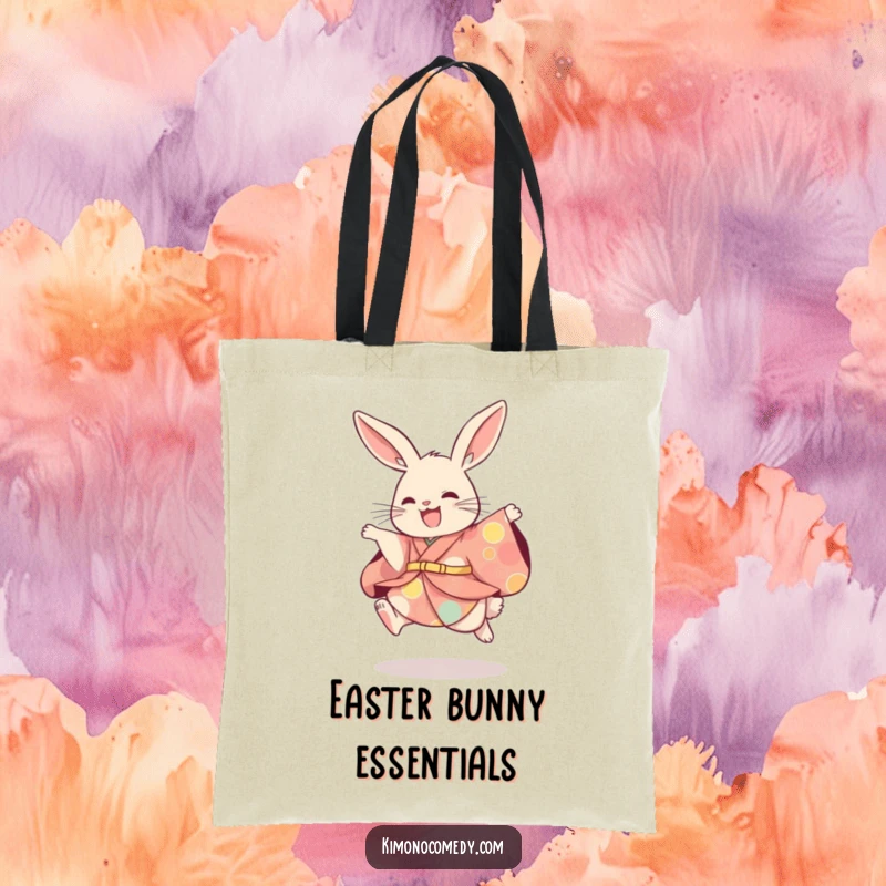 Funny rabbit adorned in a bright kimono, executing a joyful, playful leap. A practical and funny tote bag design.