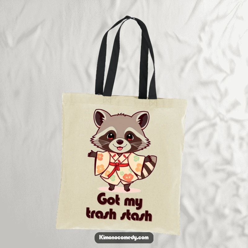 Funny raccoon in a festive kimono, dancing, showcased on a durable tote bag for humorous and practical use.