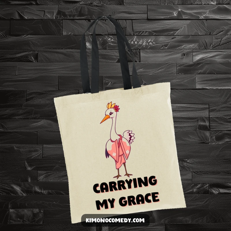 Funny tote bag showcasing a graceful kawaii crane in an elegant kimono, performing a charming bow with a flourish, perfect for stylish carrying.