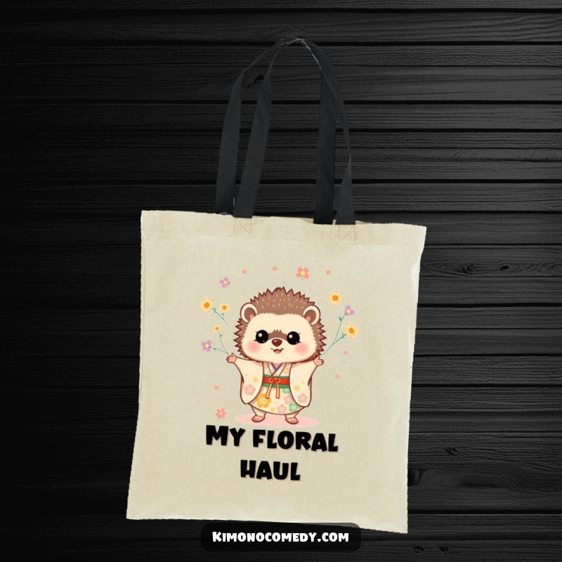 Funny Hedgehog Kimono Tote Bag with a cute hedgehog juggling flowers in a festive kimono, great for shopping.