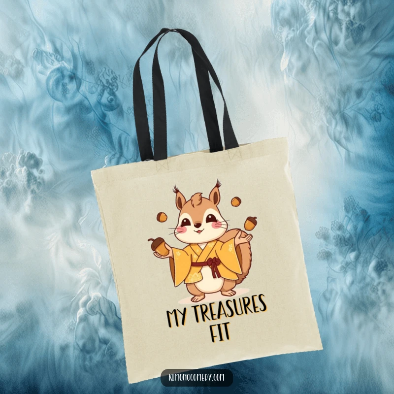 Funny squirrel in a bright kimono juggling tiny acorns, durable tote bag, cute cartoon animal design, perfect humorous gift.