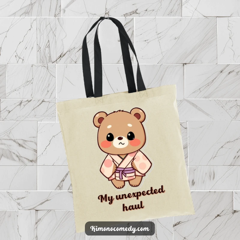 Funny Tote Bag: A bear in a patterned kimono looks surprised, perfect for carrying essentials with a touch of unexpected charm and humor.