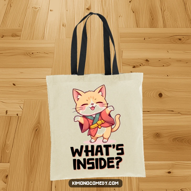 Funny Kawaii cat in a whimsical kimono tipping its head quizzically, durable and humorous tote bag for everyday exploration.